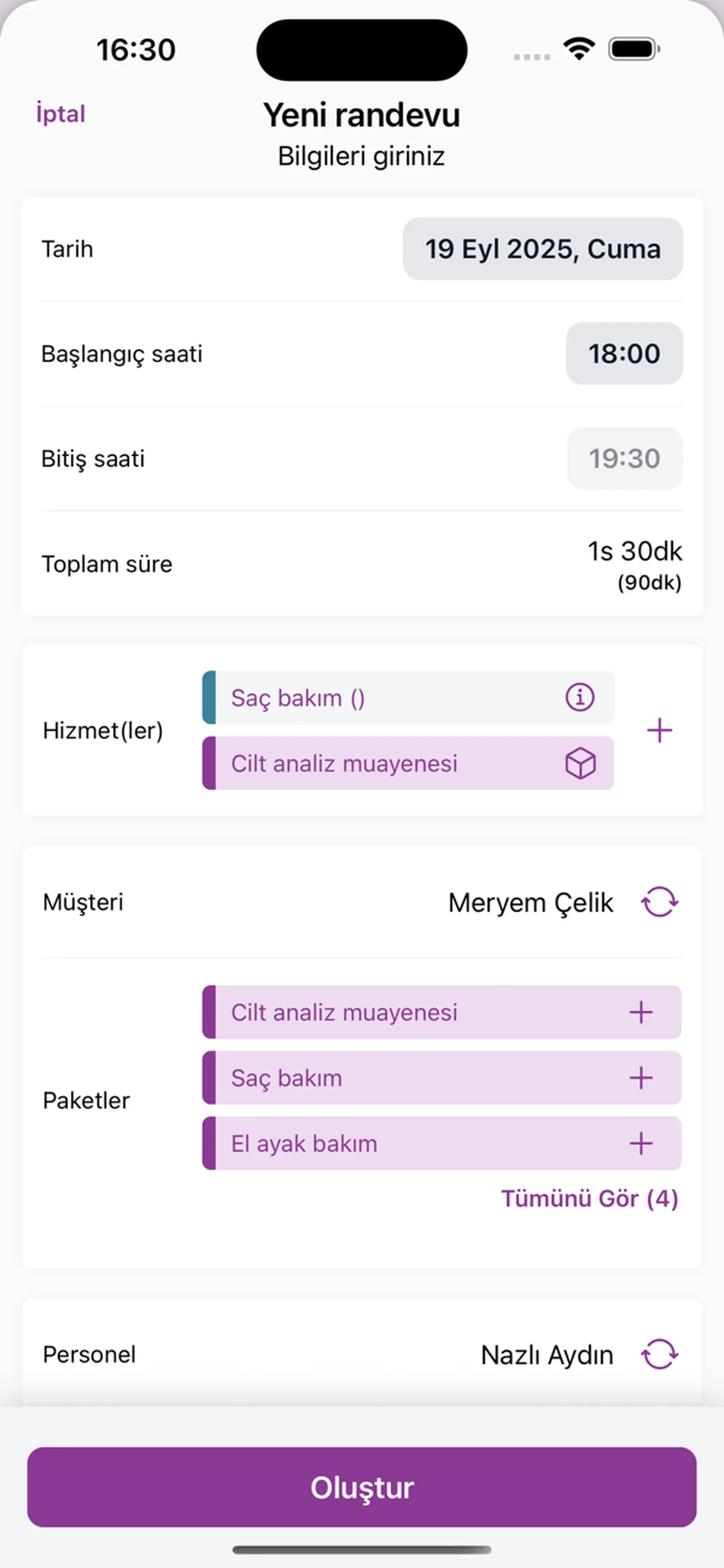 Neuer Termin am Handy: Datum, Uhrzeit, Leistung, Kundin und Mitarbeitende auf einem Bildschirm.