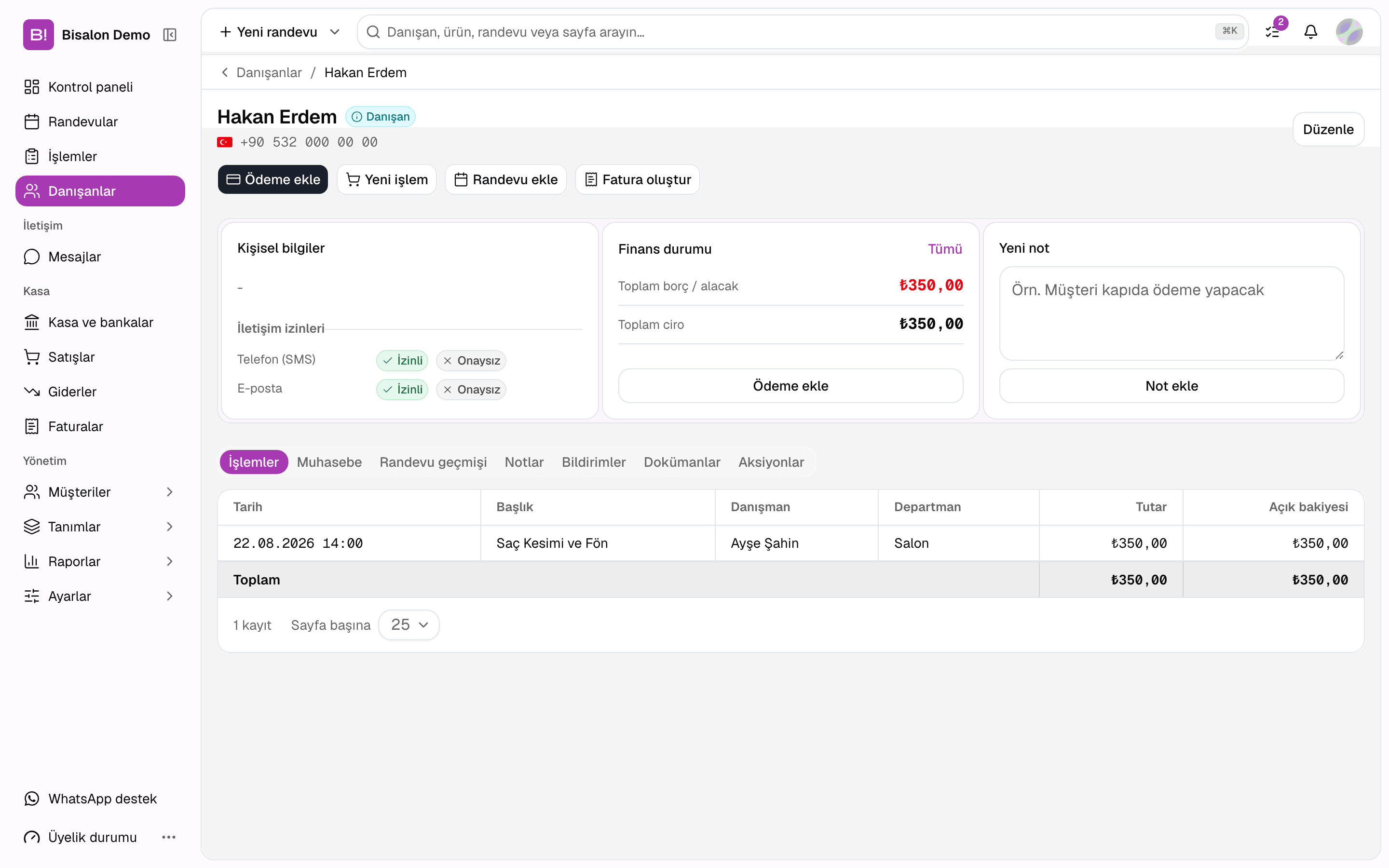 Bi'Salon client card: contact permissions, finance status and transaction history