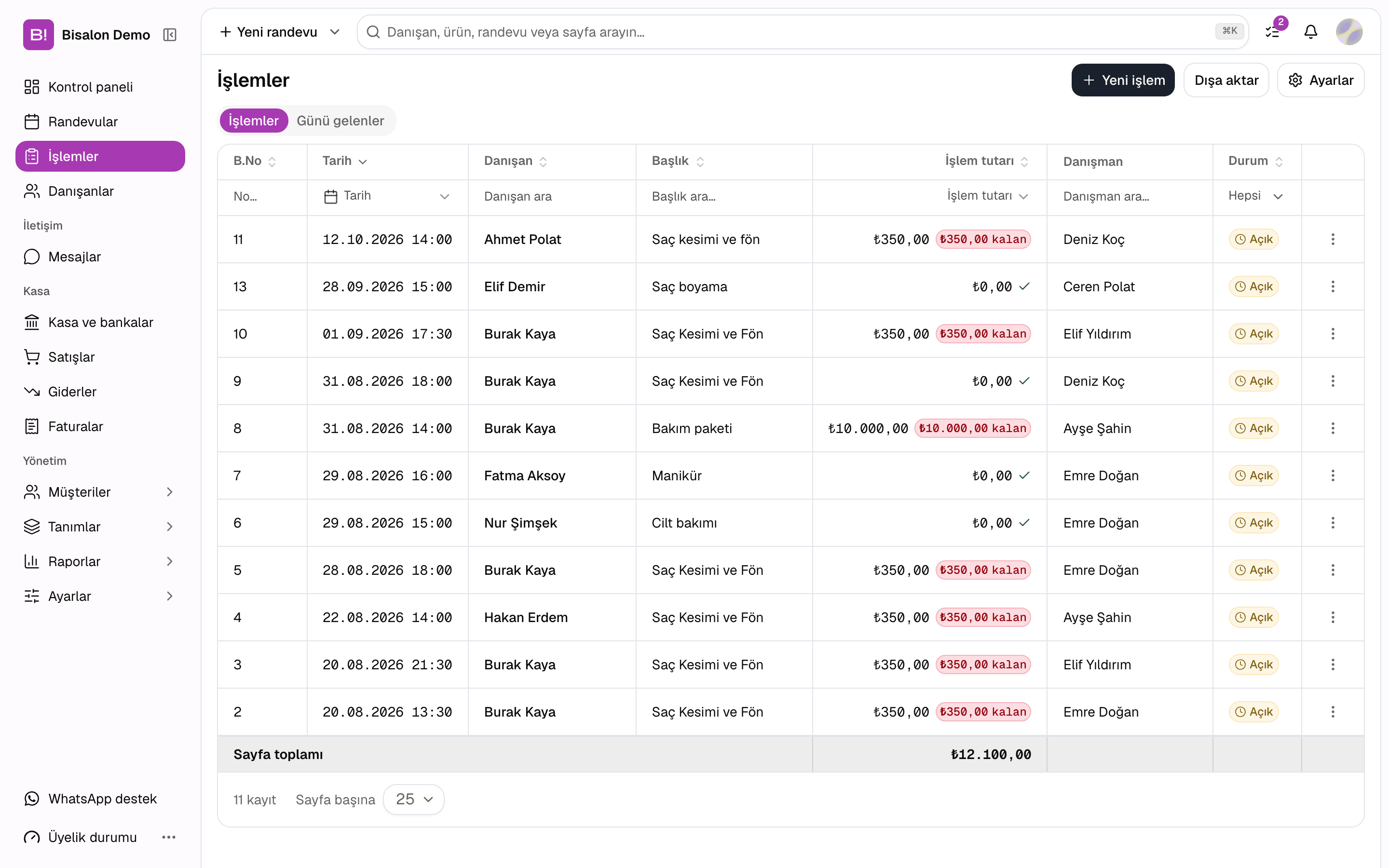 Bi'Salon transaction list: date, service, staff member, amount and balance