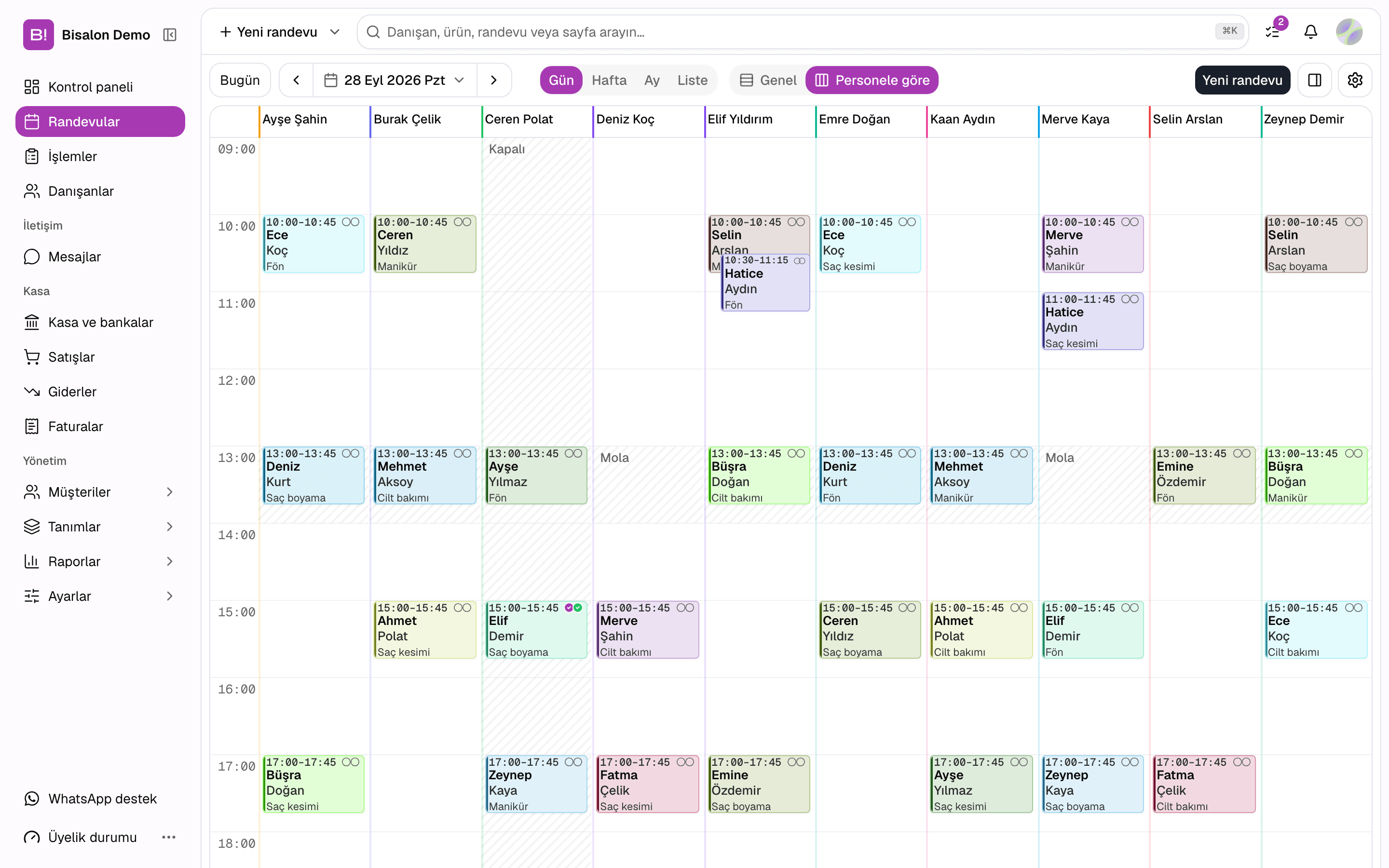 Bi'Salon appointment calendar: day view, one column per staff member